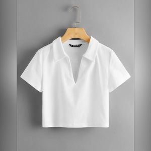 White Collared V-Neck Rib-Knit Crop Top